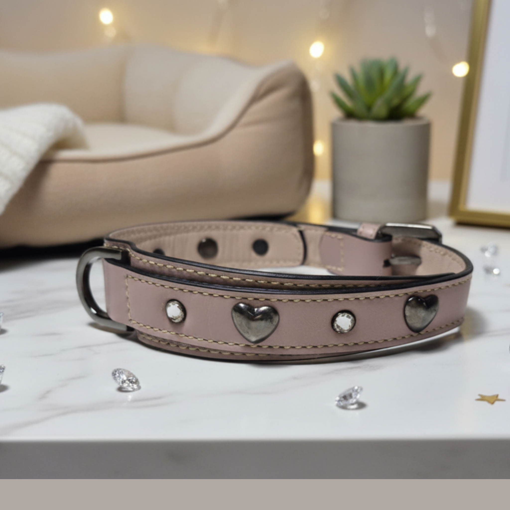 Set Collare con Cristalli e Guinzaglio in Pelle per Cani